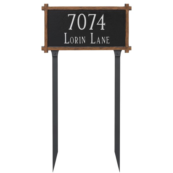 Two Line Mission Oak Address Sign Plaque with Lawn Stakes