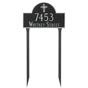 Classic Arch with Ornate Cross Address Sign Plaque With Lawn Stakes