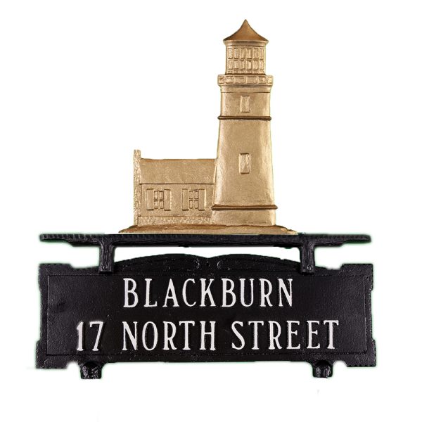 14.25" x 14.75" Cast Aluminum Two Line Mailbox Sign with Cottage Lighthouse Ornament