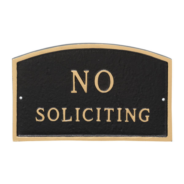 5.5" x 9" Small Arch No Soliciting Statement Plaque Sign Black with Gold Lettering
