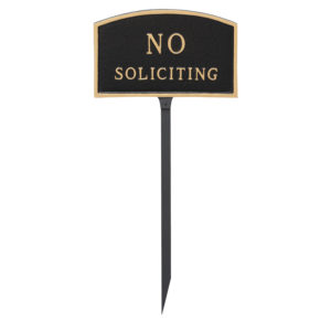 5.5" x 9" Small Arch No Soliciting Statement Plaque Sign with 23" lawn stake, Black with Gold Lettering