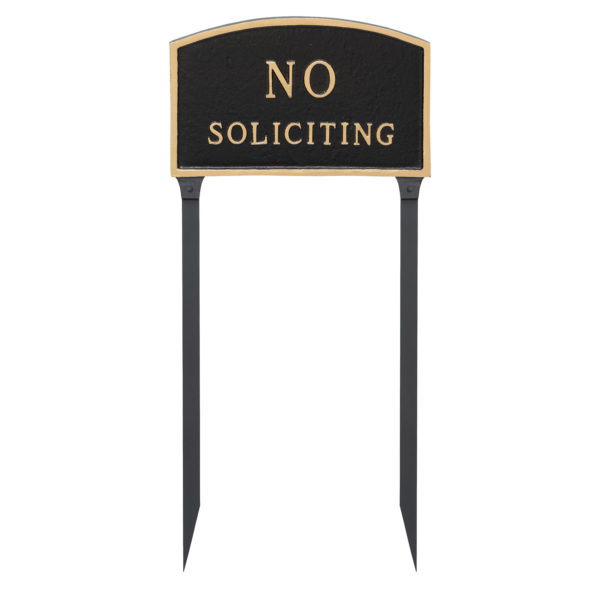 10" x 15" Standard Arch No Soliciting Statement Plaque Sign with 23" lawn stake, Black with Gold Lettering