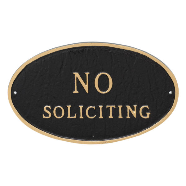 6 x 10 Small Oval No Soliciting Statement Plaque Sign Black with Gold Lettering