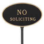 6" x 10" Small Oval No Soliciting Statement Plaque Sign with 23" lawn stake, Black with Gold Lettering