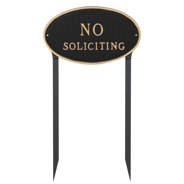 10" x 18" Large Oval No Soliciting Statement Plaque Sign with 23" lawn stake, Black with Gold Lettering