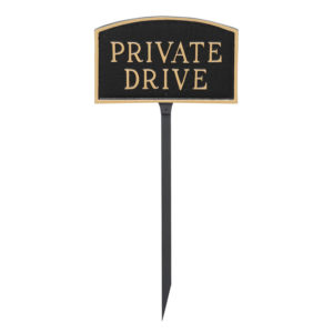 5.5" x 9" Small Arch Private Drive Statement Plaque Sign with 23" lawn stake, Black with Gold Lettering
