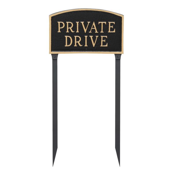 10" x 15" Standard Arch Private Drive Statement Plaque Sign with 23" lawn stake, Black with Gold Lettering