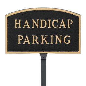 5.5" x 9" Small Arch Handicap Parking Statement Plaque Sign with 23" lawn stake, Black with Gold Lettering
