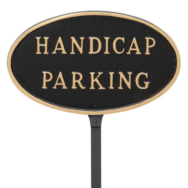 6" x 10" Small Oval Handicap Parking Statement Plaque Sign with 23" lawn stake, Black with Gold Lettering