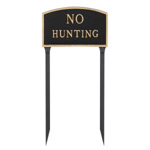 13" x 21" Large Arch No Hunting Statement Plaque Sign with 23" lawn stake, Black with Gold Lettering