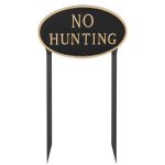 10" x 18" Large Oval No Hunting Statement Plaque Sign with 23" lawn stake, Black with Gold Lettering