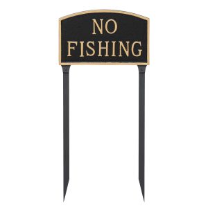 13" x 21" Large Arch No Fishing Statement Plaque Sign with 23" lawn stake, Black with Gold Lettering