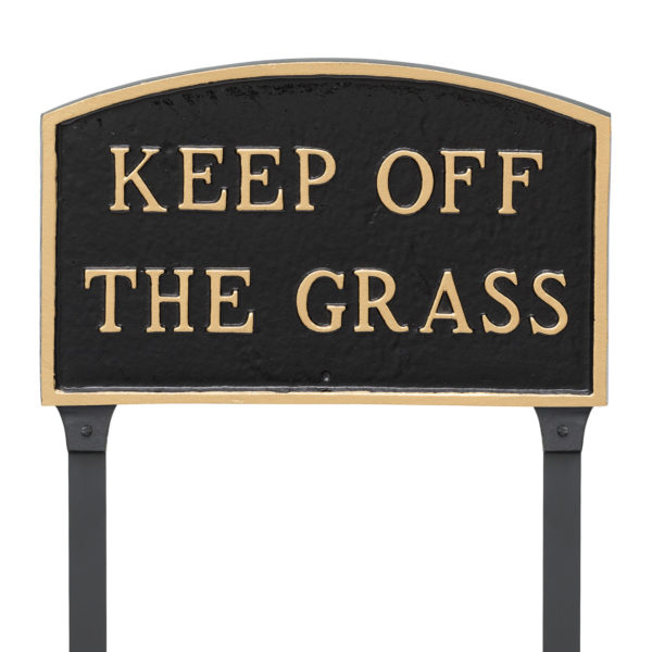13" x 21" Large Arch Keep off the Grass Statement Plaque Sign with 23" lawn stake, Black with Gold Lettering