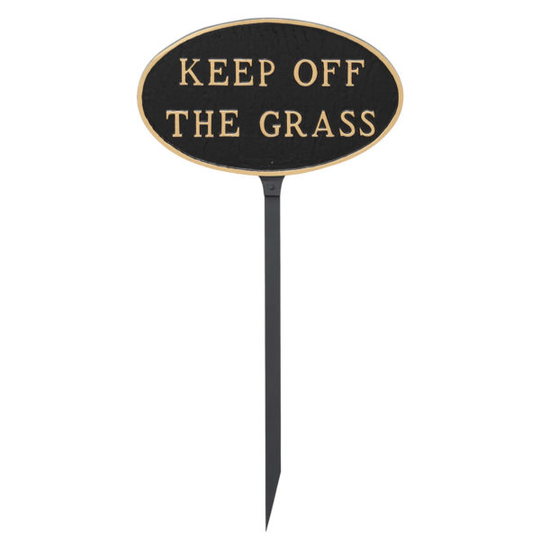 6" x 10" Small Oval Keep off the Grass Statement Plaque Sign with 23" lawn stake, Black with Gold Lettering