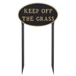 10" x 18" Large Oval Keep off the Grass Statement Plaque Sign with 23" lawn stake, Black with Gold Lettering