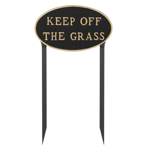 10" x 18" Large Oval Keep off the Grass Statement Plaque Sign with 23" lawn stake, Black with Gold Lettering