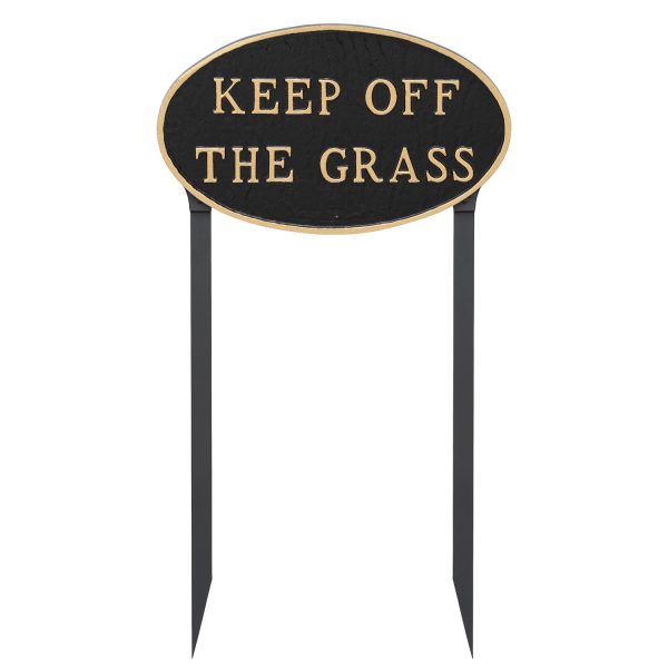 10" x 18" Large Oval Keep off the Grass Statement Plaque Sign with 23" lawn stake, Black with Gold Lettering