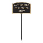 5.5" x 9" Small Arch Authorized Personnel Only Statement Plaque Sign with 23" lawn stake, Black with Gold Lettering