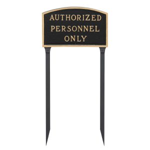 13" x 21" Large Arch Authorized Personnel Only Statement Plaque Sign with 23" lawn stake, Black with Gold Lettering