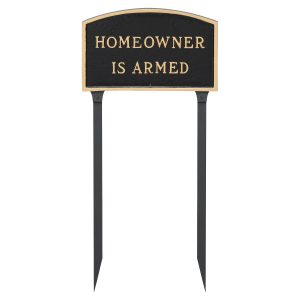 13" x 21" Large Arch Homeowner is Armed Statement Plaque Sign with 23" lawn stake